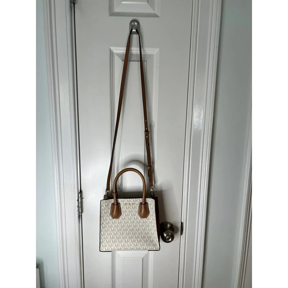 Michael Kors Mercer Small Logo Satchel Crossbody Bag Vanilla Acorn Gold Hardware